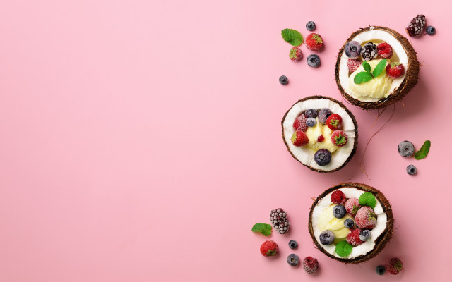 Coconuts berries leaves pink background free wallpaper - medium preview image