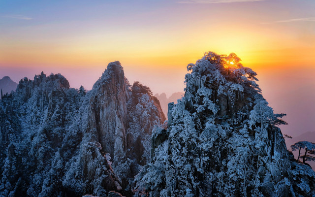Mountain sunset snow trees clouds free wallpaper - medium preview image