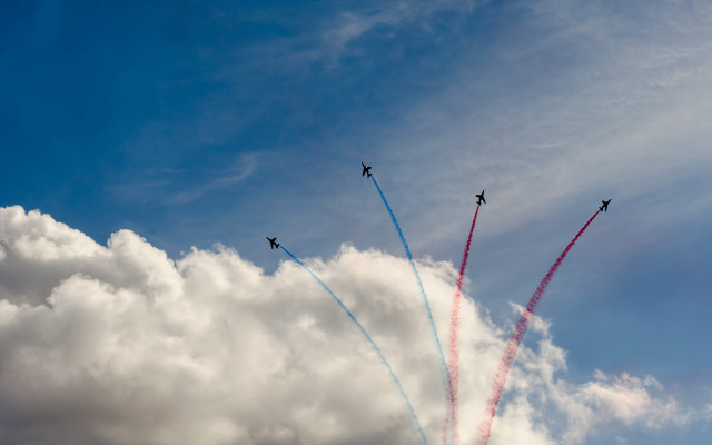 Four airplanes contrails cloudy sky free wallpaper - medium preview image