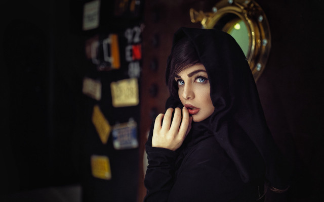 Woman black hoodie blue eyes free wallpaper - medium preview image