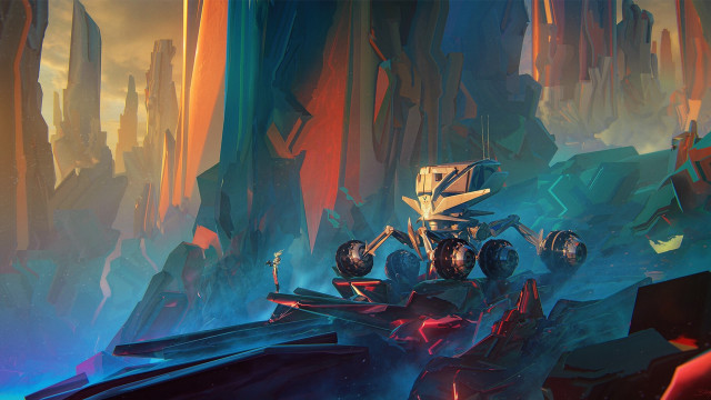 Futuristic vehicle landscape mountains man free wallpaper - medium preview image
