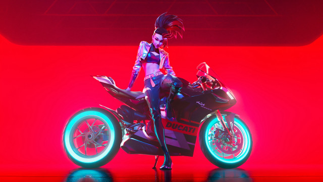 Woman motorcycle red room neon free wallpaper - medium preview image