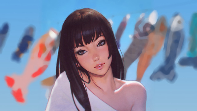 Woman longblackhair white shirt blurry free wallpaper - medium preview image