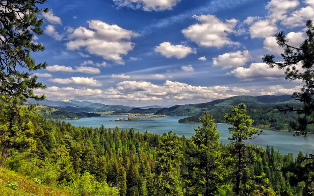 Lake mountains trees sky clouds free wallpaper - medium preview image