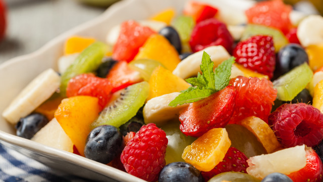 Fruit salad blue checkered cloth free wallpaper - medium preview image