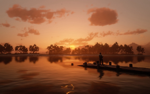 Dusk dock man boat trees free wallpaper - medium preview image