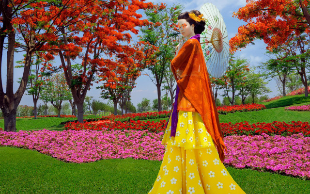 Woman yellow orange kimono garden free wallpaper - medium preview image