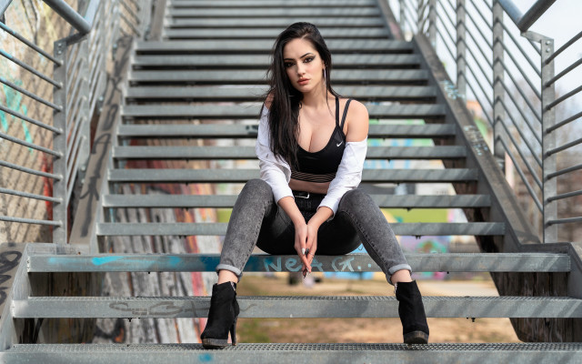 Woman sitting stairs black white free wallpaper - medium preview image