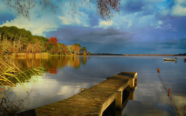 Boat dock water cloudy sunset free wallpaper - medium preview image