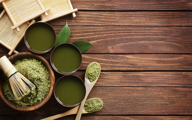 Wooden table green powder bowls free wallpaper - medium preview image