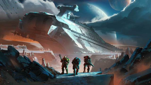 Mountain ship moon star planet free wallpaper - medium preview image