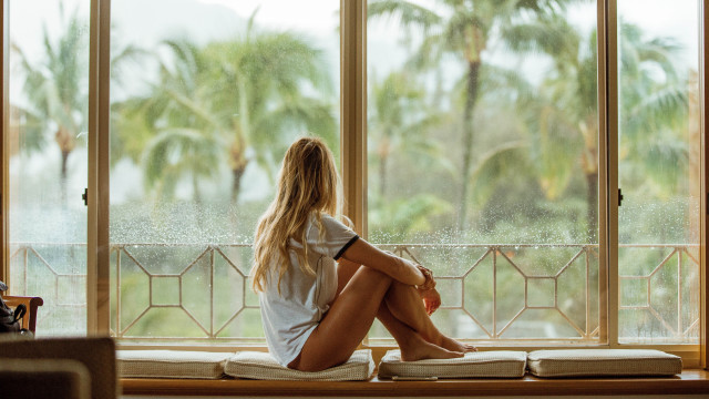 Window sill woman ocean palm free wallpaper - medium preview image