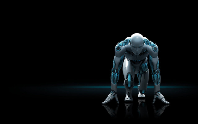 Robot cyborg standing dark blue free wallpaper - medium preview image