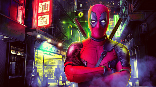 Deadpool man neon cityscape cyberpunk free wallpaper - medium preview image