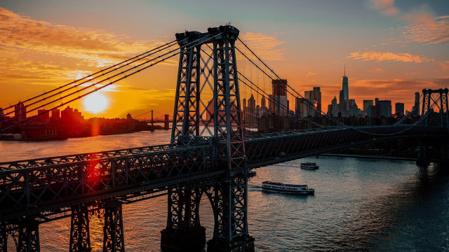 Sunset bridge boat cityscape mountain free wallpaper - medium preview image