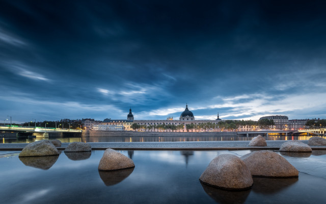 River rocks bridge city clouds free wallpaper - medium preview image