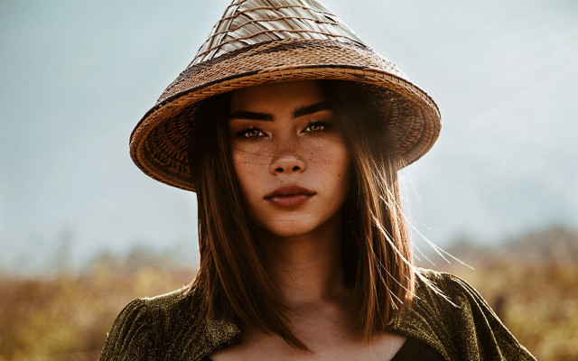 Woman strawhat field blue sky free wallpaper - medium preview image