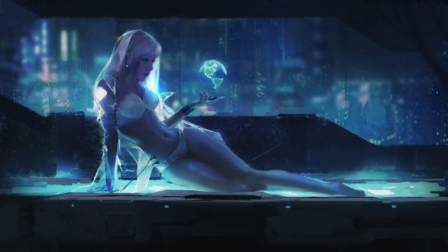 Futuristic city woman glass ball free wallpaper - medium preview image