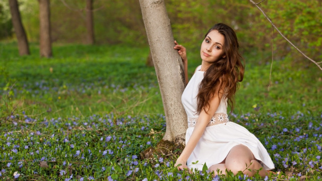 White dress blue flower field free wallpaper - medium preview image