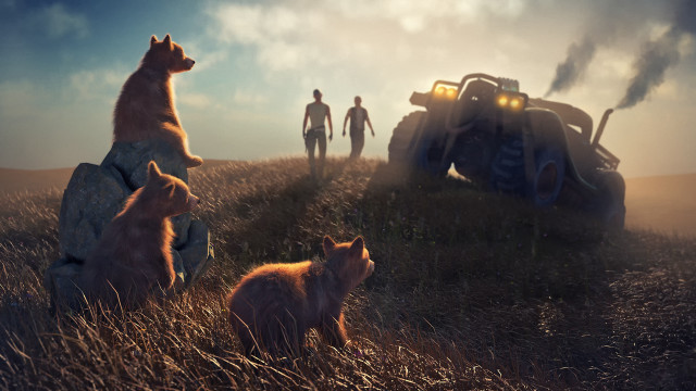 Animals field vehicle man dog free wallpaper - medium preview image