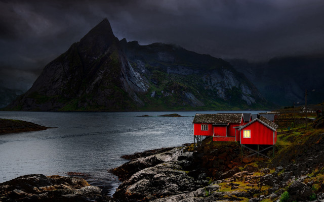 Red house rocky shore mountain free wallpaper - medium preview image