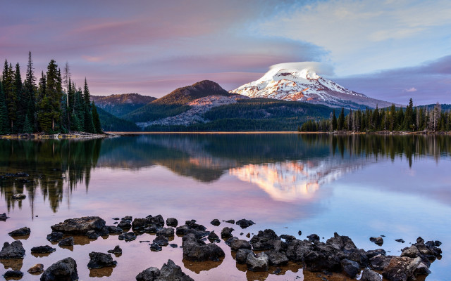 Mountain lake forest rocks cityscape free wallpaper - medium preview image