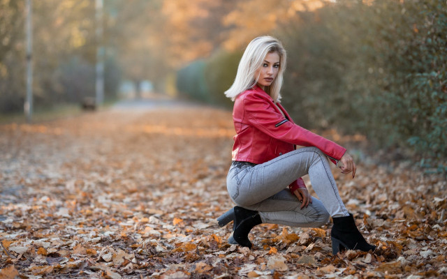 Woman leaves red jacket autumn free wallpaper - medium preview image