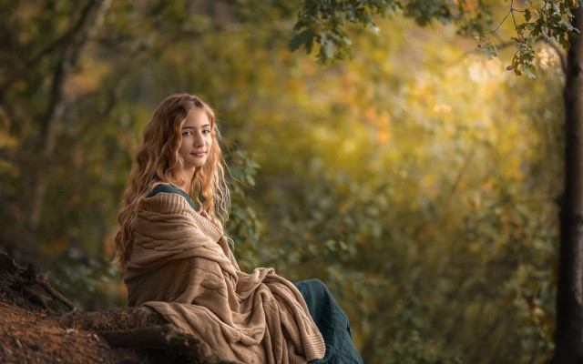 Woman forest sitting blanket blonde free wallpaper - medium preview image