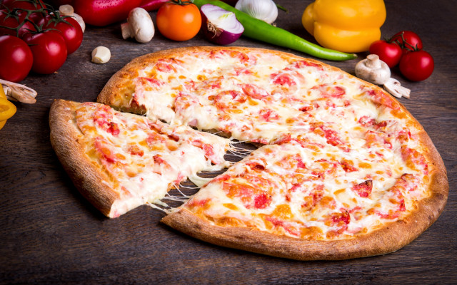 Pizza vegetables slice wooden table free wallpaper - medium preview image