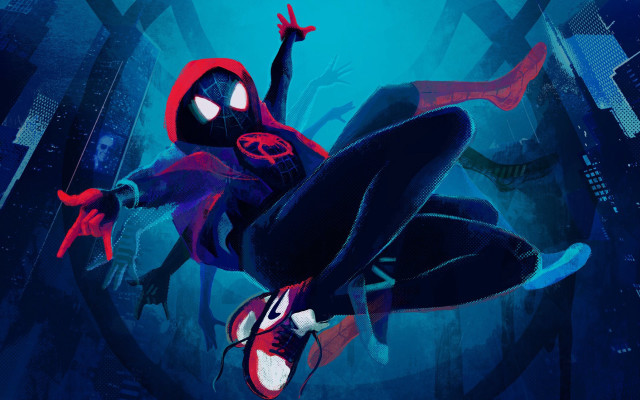Spiderman flying city night glowing free wallpaper - medium preview image
