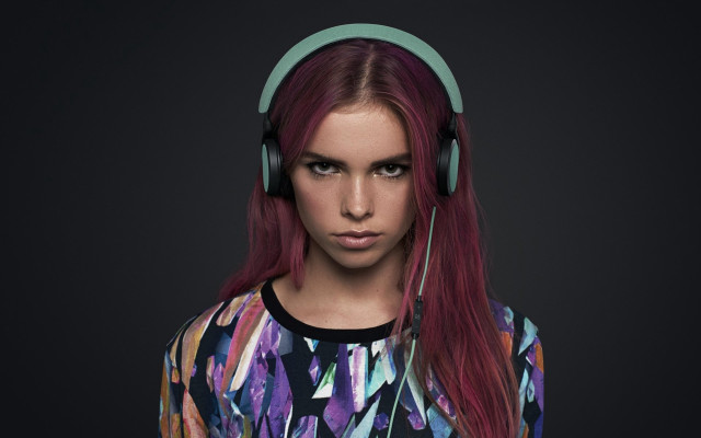 Woman headphones colorful shirt portrait free wallpaper - medium preview image