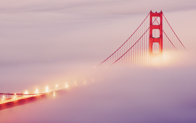 Foggy bridge lights volumetric sunset free wallpaper - medium preview image
