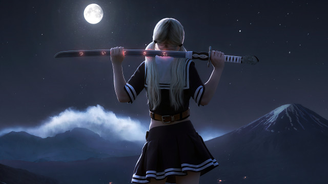 Woman mountain fullmoon ski pole free wallpaper - medium preview image