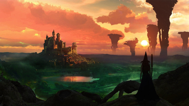 Fantasy castle lake sunset clouds free wallpaper - medium preview image