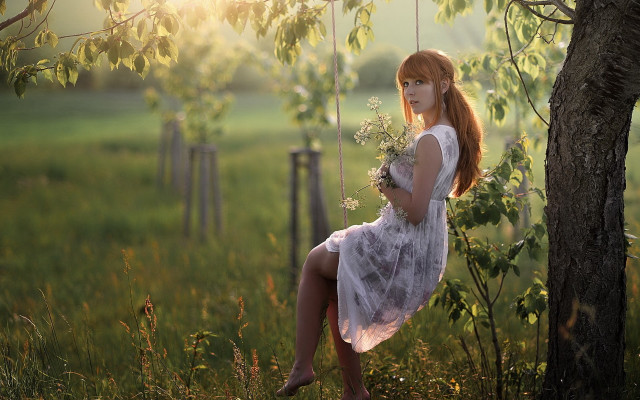 Woman white dress swing field #2 free wallpaper - medium preview image