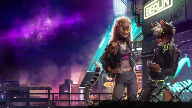 Cyberpunk two furry cat girls free wallpaper - medium preview image