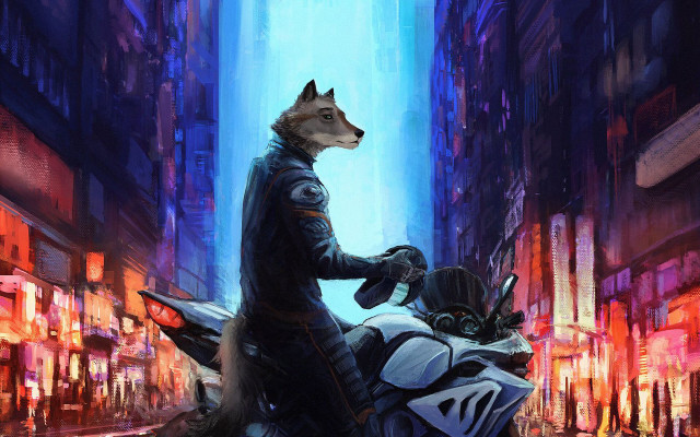 Man motorcycle city dog cyberpunk free wallpaper - medium preview image