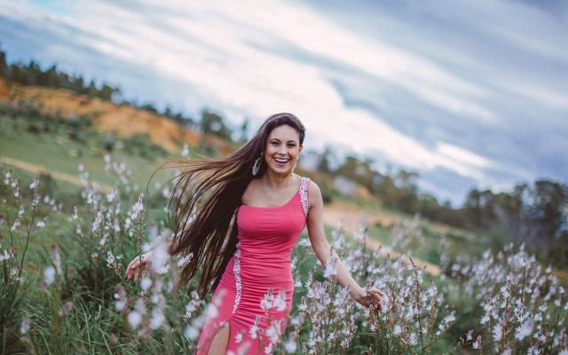 Pink dress woman flower field #2 free wallpaper - medium preview image