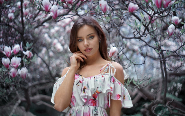 Woman pinkflowers portrait nature spring free wallpaper - medium preview image