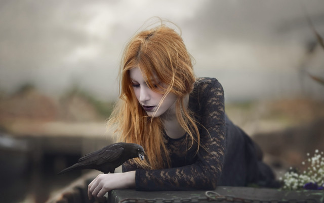 Gothic portrait redhair blackdress bird free wallpaper - medium preview image