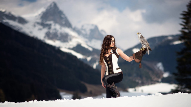 Woman bird snow mountains fantasy free wallpaper - medium preview image