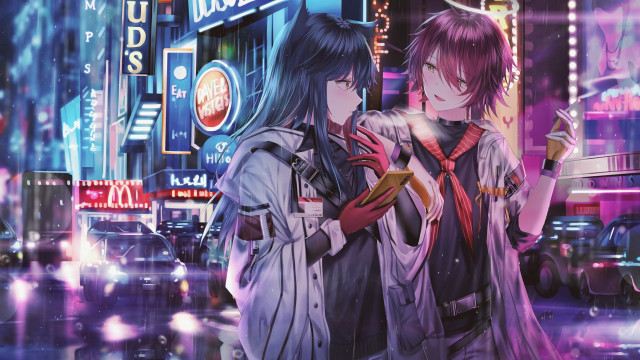 Neon street night rain arknights free wallpaper - medium preview image