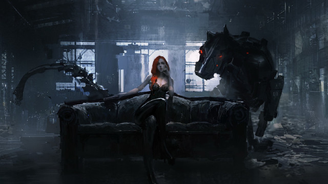 Woman couch dog demon fantasy free wallpaper - medium preview image
