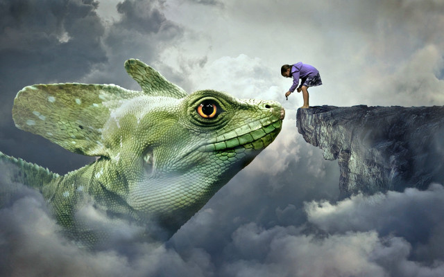 Cliff man giant lizard clouds free wallpaper - medium preview image