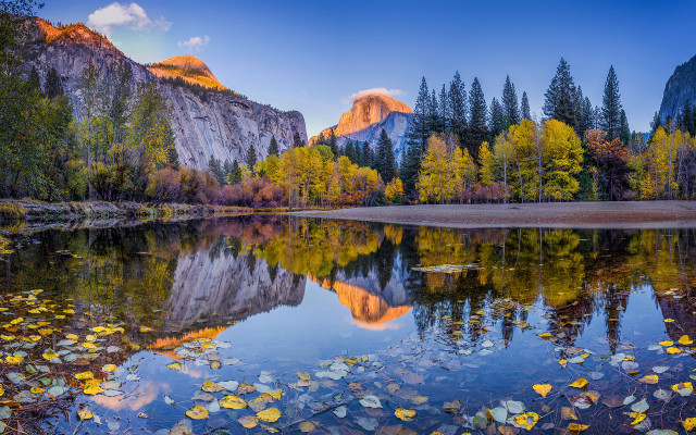 Mountain reflection autumn leaves blue free wallpaper - medium preview image