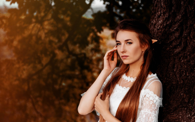 Woman elf autumn tree white free wallpaper - medium preview image