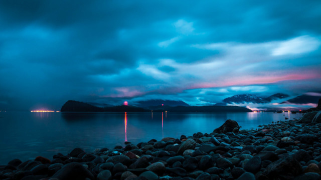 Rocky beach mountains night cloudy free wallpaper - medium preview image