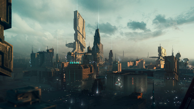 Futuristic cityscape retrofuturism mattepainting cedricpeyravernay free wallpaper - medium preview image
