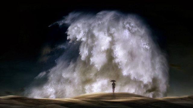 Person umbrella wave beach surreal free wallpaper - medium preview image