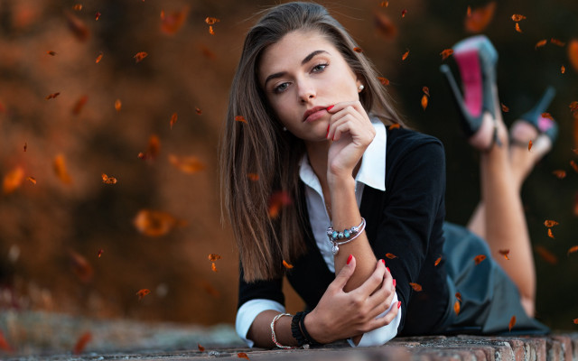 Woman brick wall cellphone autumn free wallpaper - medium preview image